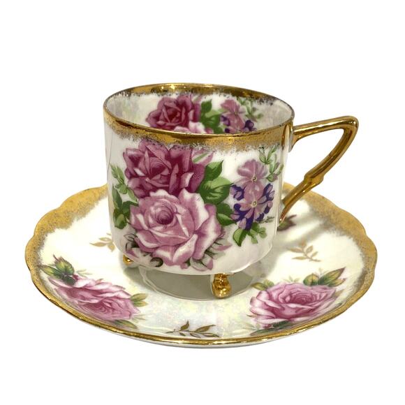 LM Royal Halsey Tea Cup & Saucer Set Iridescent Porcelain Pink Roses & Gold Trim - Picture 4 of 12
